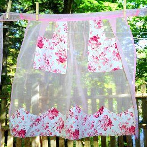 VTG 60's Pink Organza & Floral Print Fancy Hostess Apron Bridal, Gender Reveal